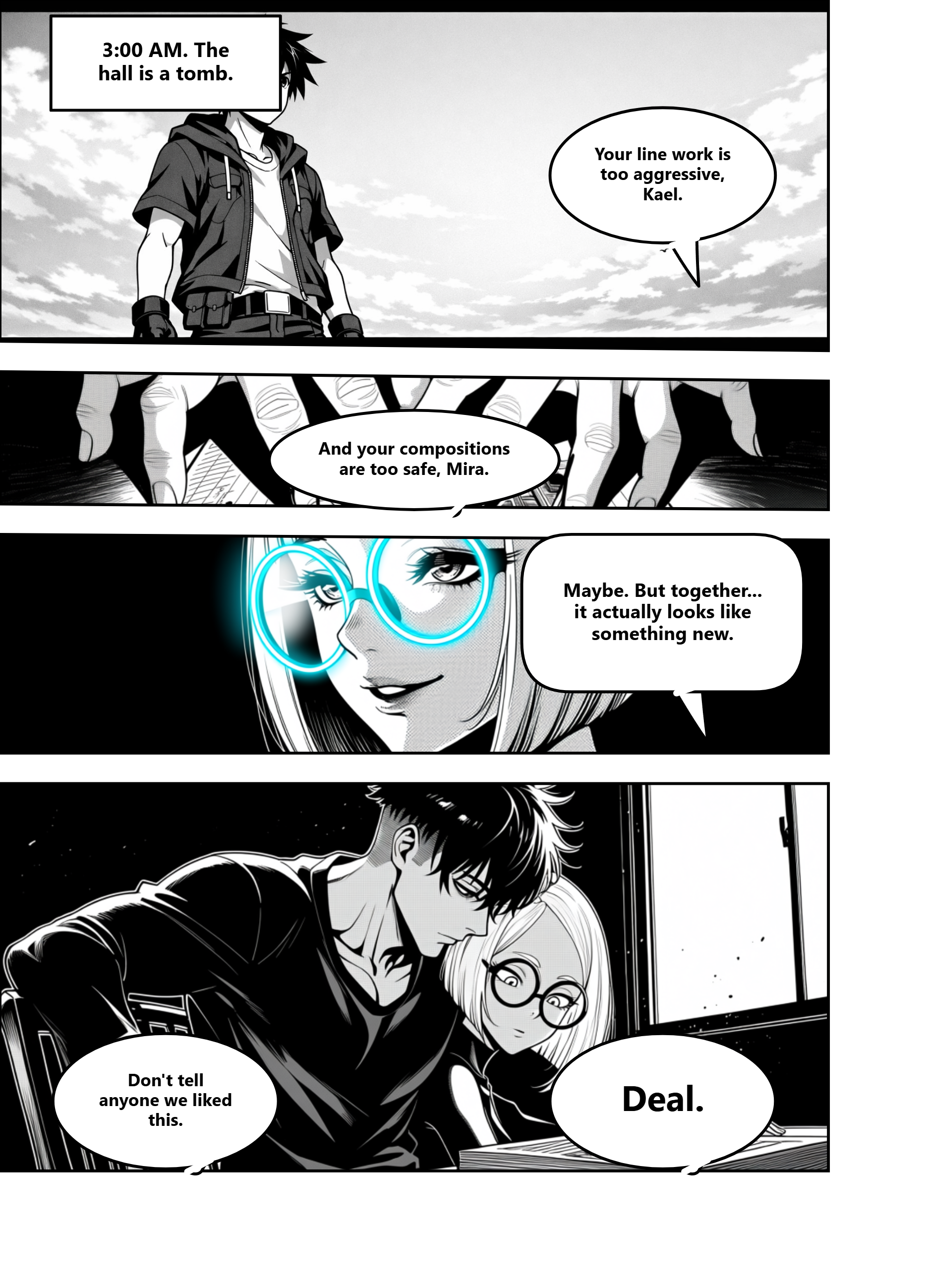 Finished black-and-white cyberpunk doujin manga page with a restrained cyan glasses accent